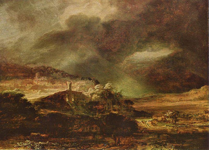Rembrandt Harmensz Van Rijn Stadt auf einem Hugel bei sturmischem Wetter Norge oil painting art